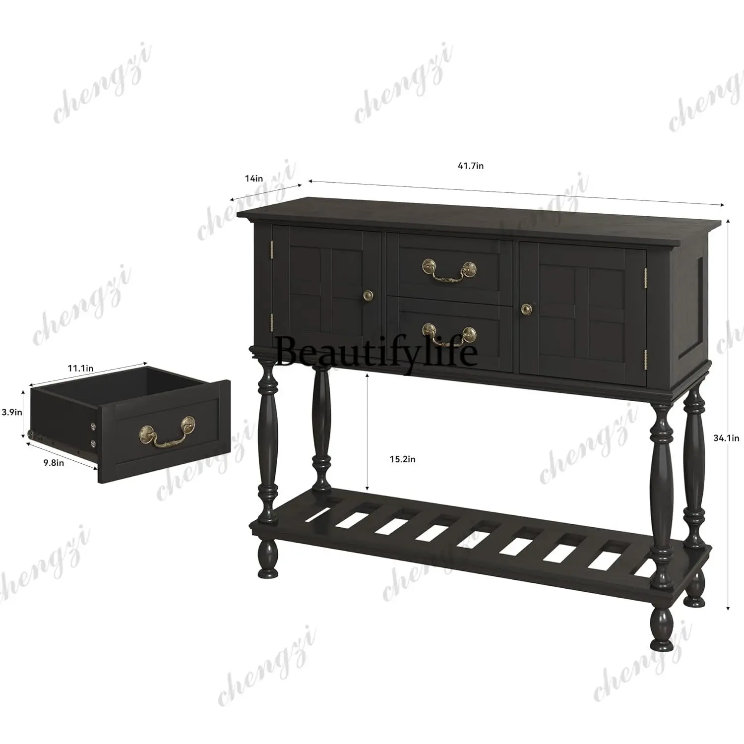 z331 Vintage Entryway Console Table with Drawers Storage Shelf Turned Legs Narrow Behind Couch Hallway Living Room, Customized