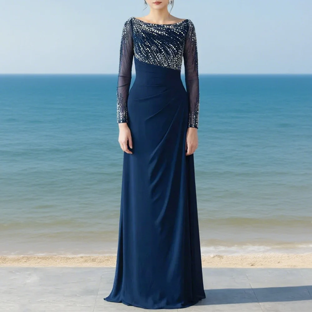 

Элегантные длинные вечерние платья с бусинами по индивидуальному заказу для особых случаев, шифоновые платья трапециевидной формы длиной до пола, женские вечерние платья для гала-выпускного вечера 2025