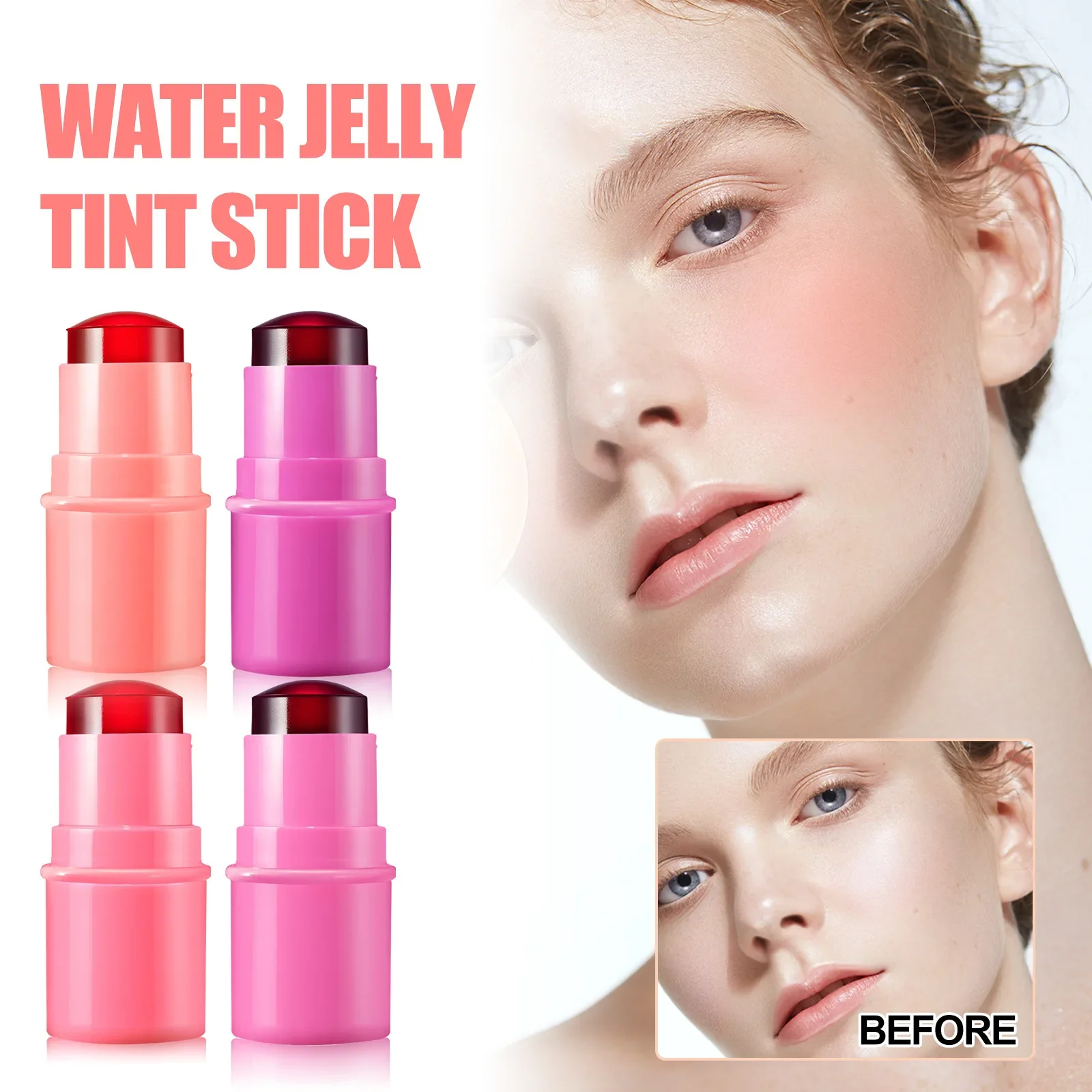 Sdotter New 2 in1 Water Jelly Tint Stick Waterproof Cosmetics Makeup Long Lasting Matte Lipstick Red Rouge Blush Stick for Face