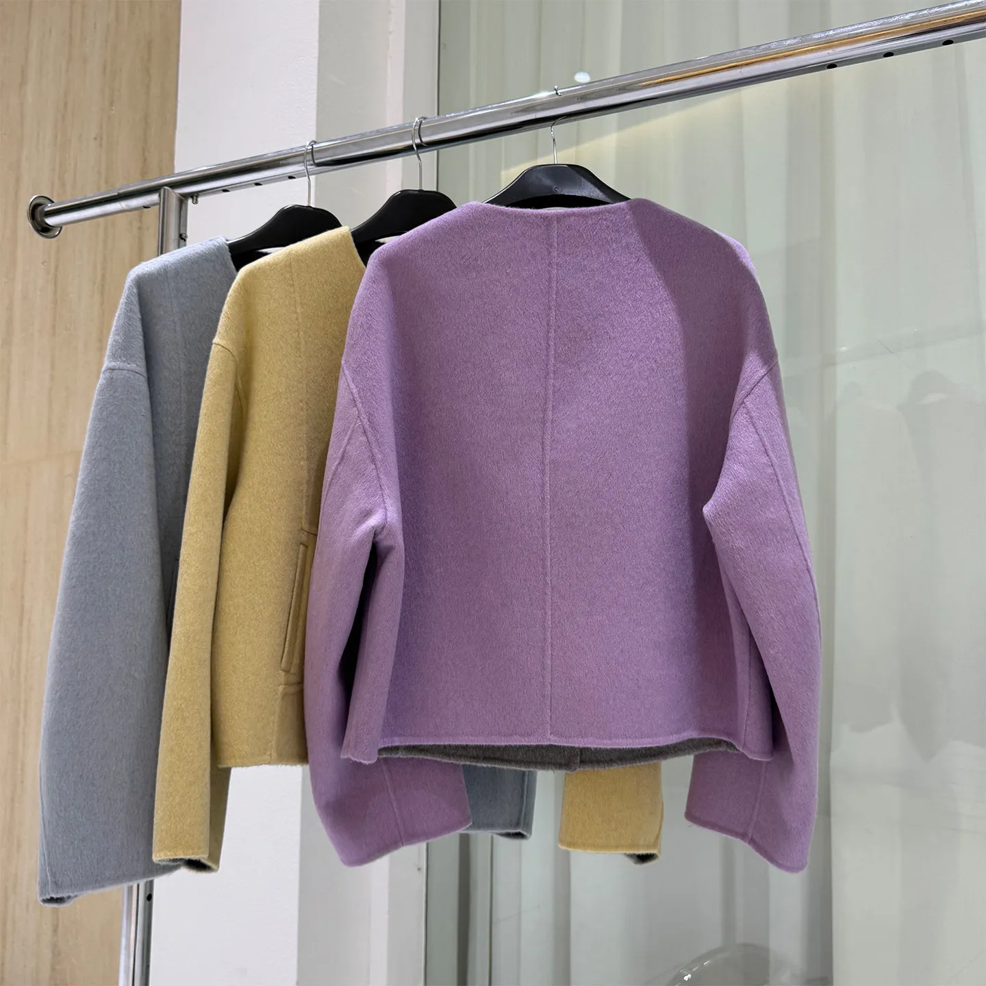 Women Double Faced Wool Coat Korean Style Loose Short Woolen Jacket Age Reducing Warm Outerwear Side Patch Pockets Hand Sewn