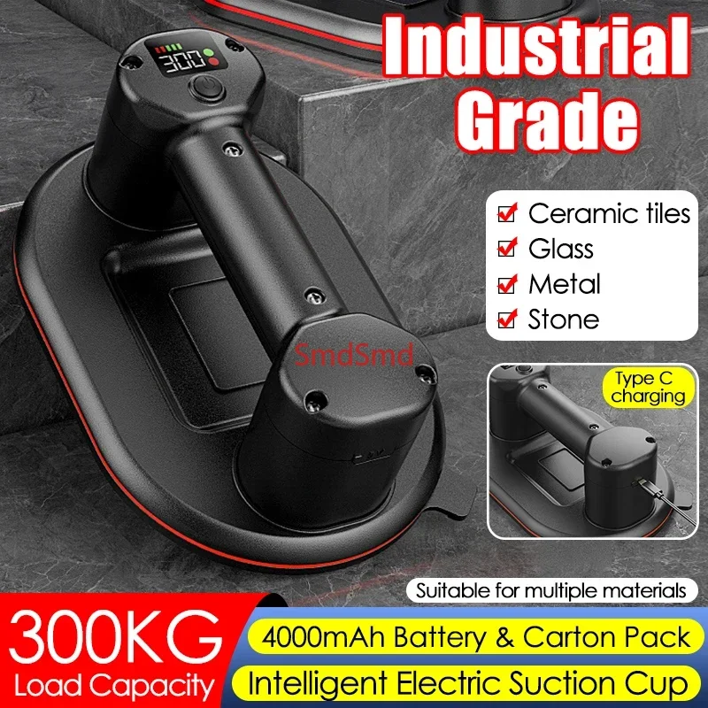 Electric Vacuum Suction Cup for Glass Tile Strong 300KG Bearing Capacity 4000mAh Smart Display Vacuum Suckers Granite Lifter