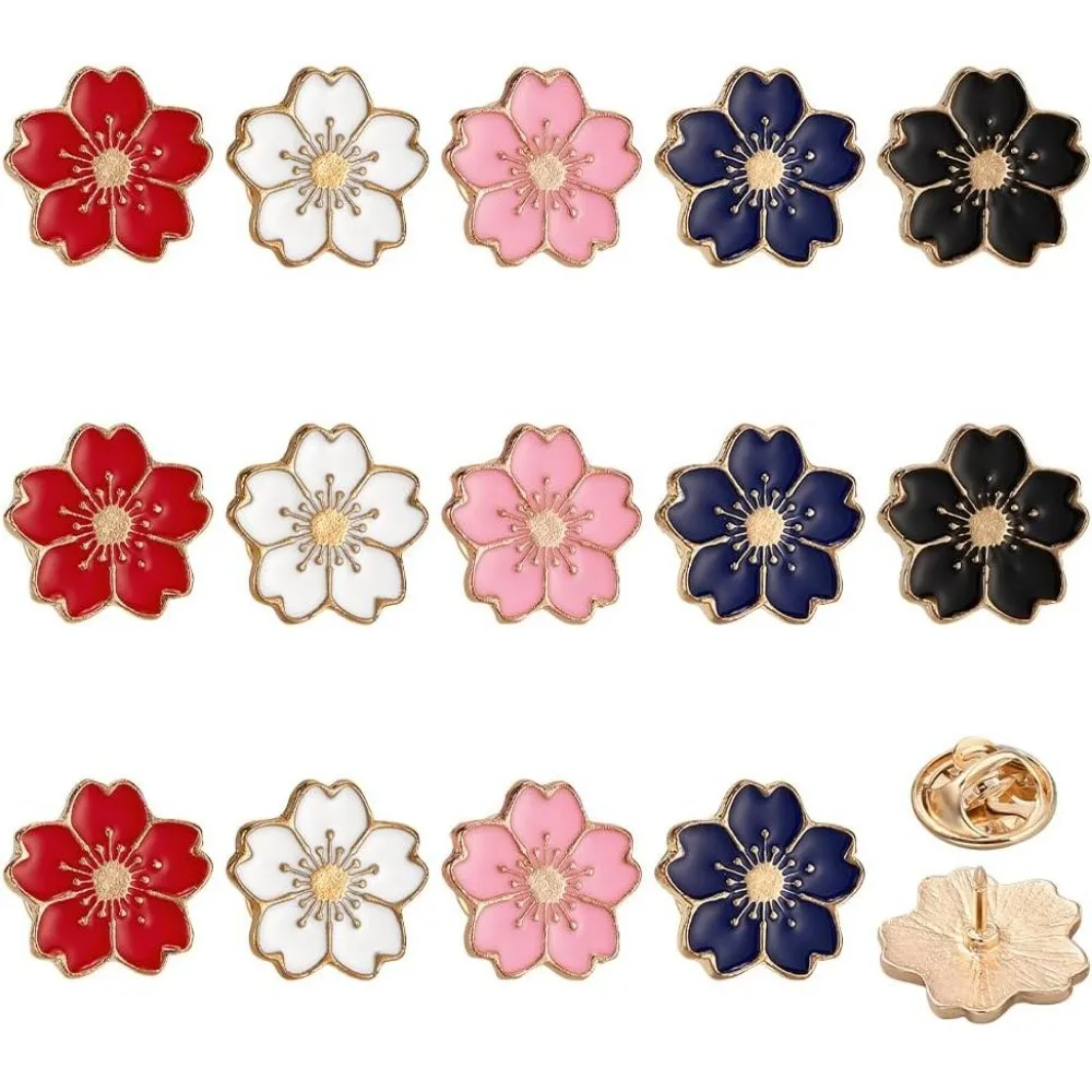 15 Pcs Cherry Blossoms Badge Brooch 0.6x0.6 inch Cherry Blossom Lapel Pin Flower Enamel Brooch Pins Cute Floral Badge Pins