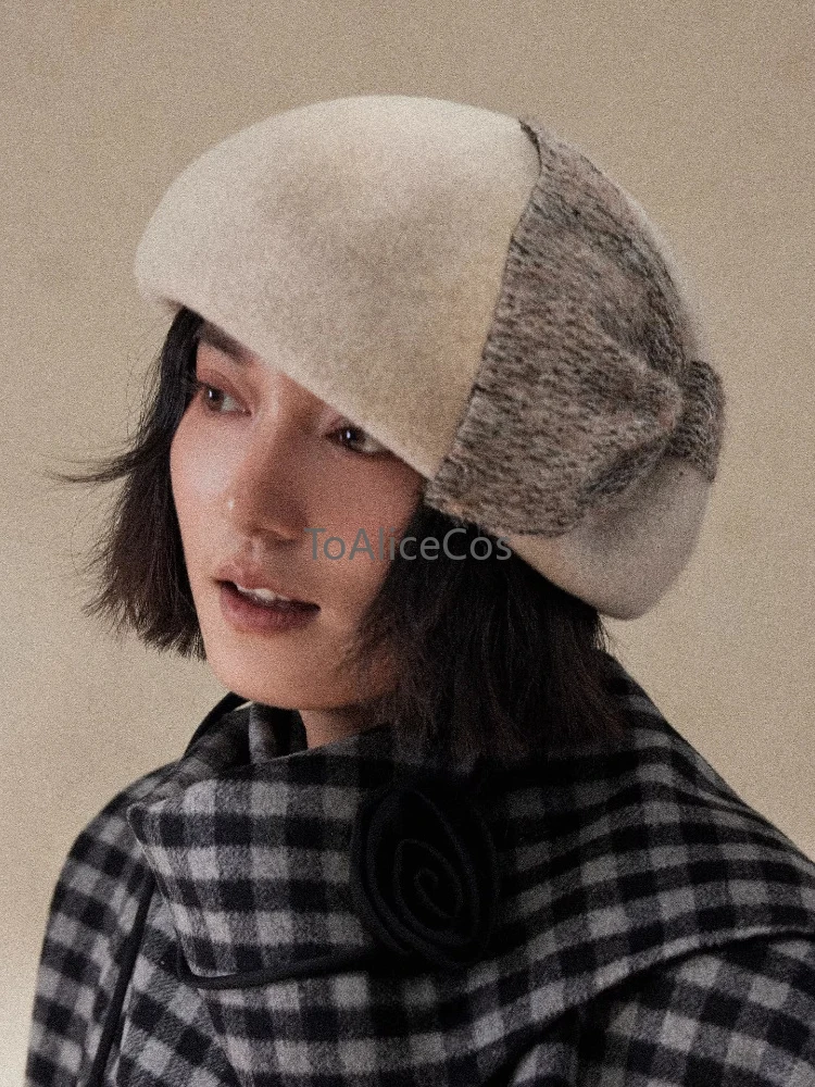 

In Stock Winter Women Beret 100% Wool Large Hat Bowknot Decor Warm Knitted Cap Elegant Style