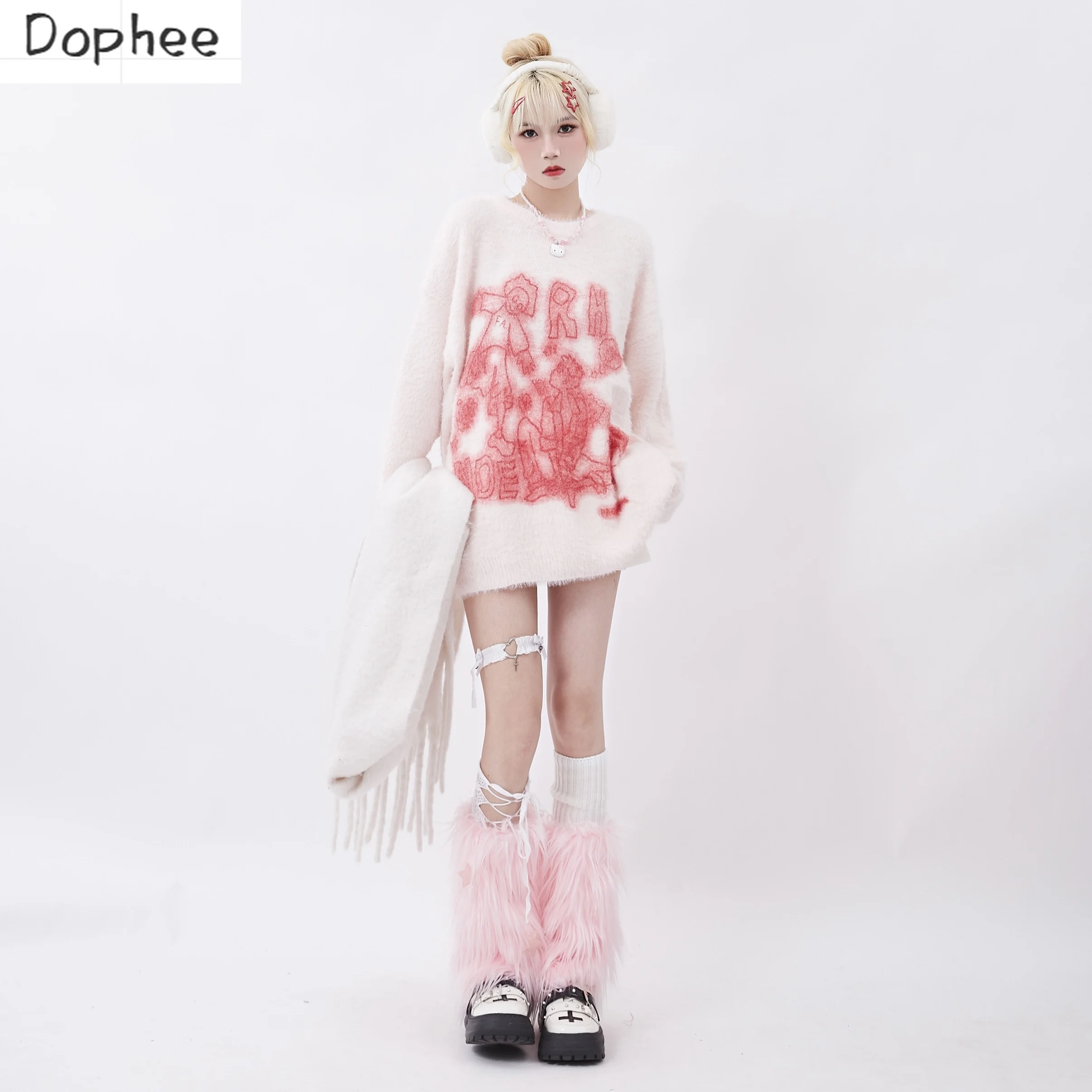 

Dophee New Autumn Female Sweaters Dopamine Harajuku Sweet Girl Loose Pullover Top O-neck Streetwear Long Sleeve Knitted Shirt