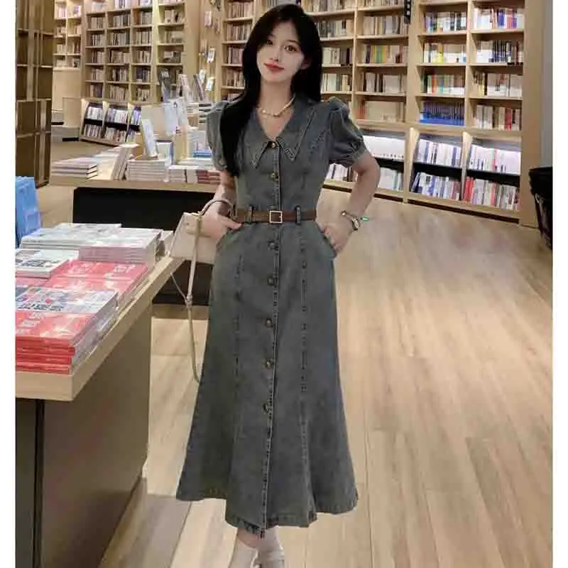 2024 Hong Kong Flavor Female Denim Dress New High Waist  A-line Jeans Dress Women Design Sense Summer Short Sleeved Cowboy Dress