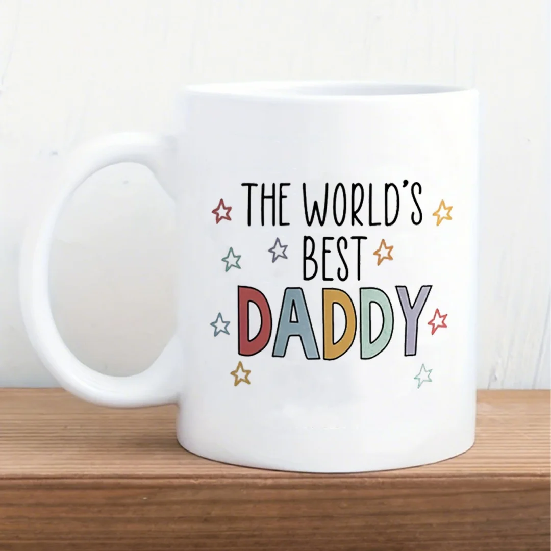11Oz White Coffee Cup With Colorful Star Design Heart Accents Perfect Gift For Father'S Day, Birthdays, Christmas, Graduation