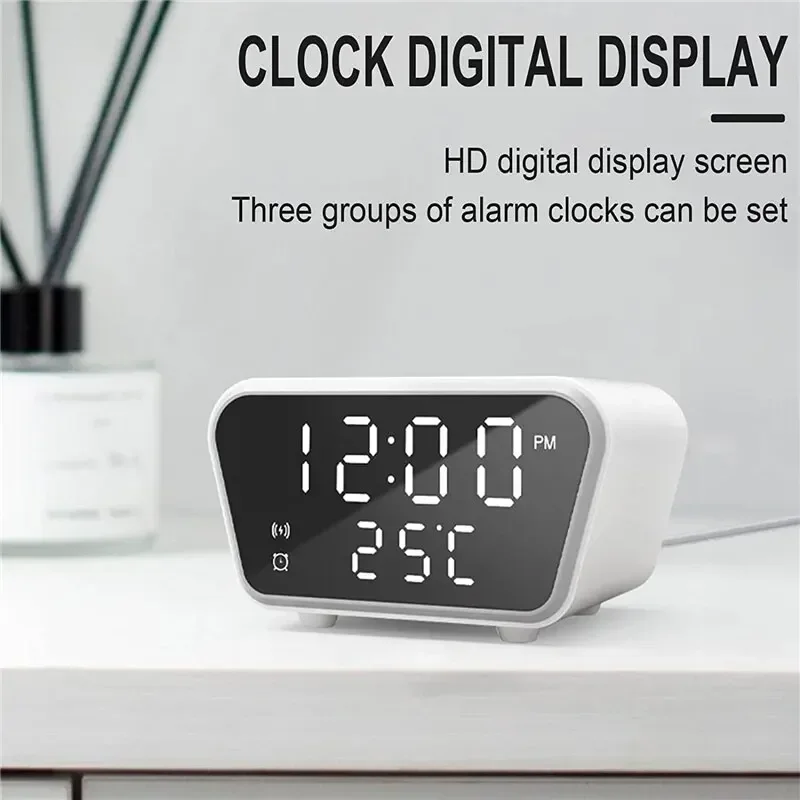 Wireless Charger Pad LED Digital Alarm Clock Desktop Temperature Phone Chargers Stand 15W Fast Wireless Charging Dock Station