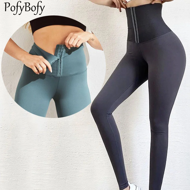 

PofyBofy High Waist Wide Waistband Row Buckle Waist Trainer Stretchy Seamless Women Sport Legging Yoga Fitness Gym Slimming Pant