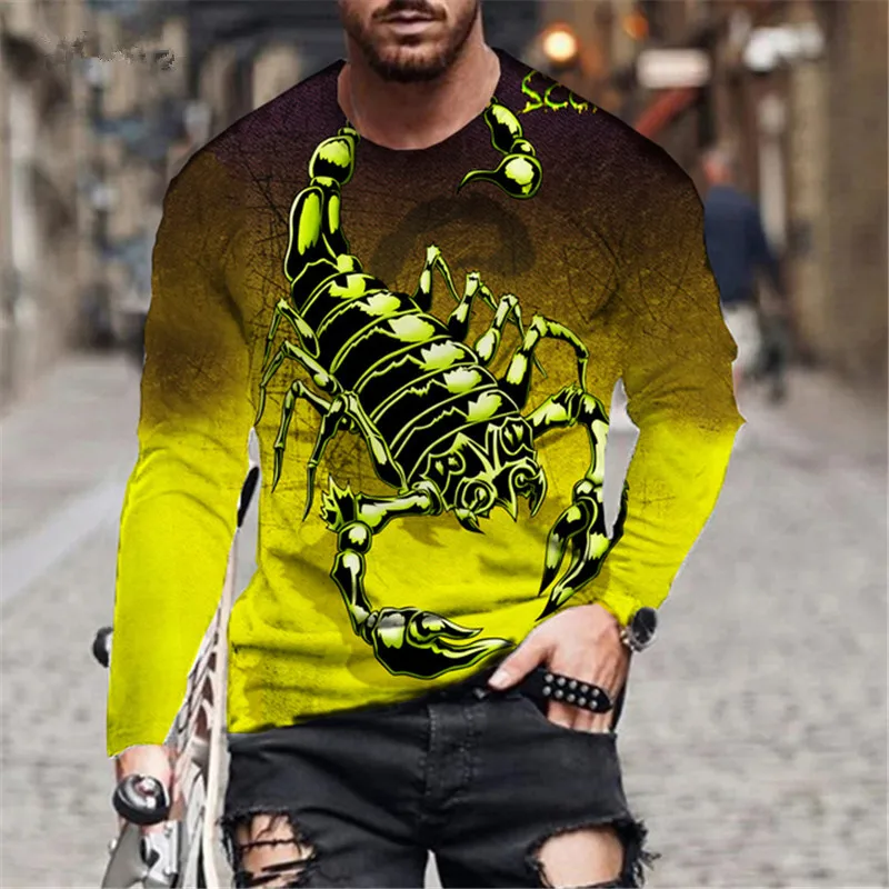 Long Sleeve Round-Neck Fashion Animal Pattern Men\'s T-Shirts Scorpion 3D Print Streetwear Pullovers Tops Loose Casual Man Tees