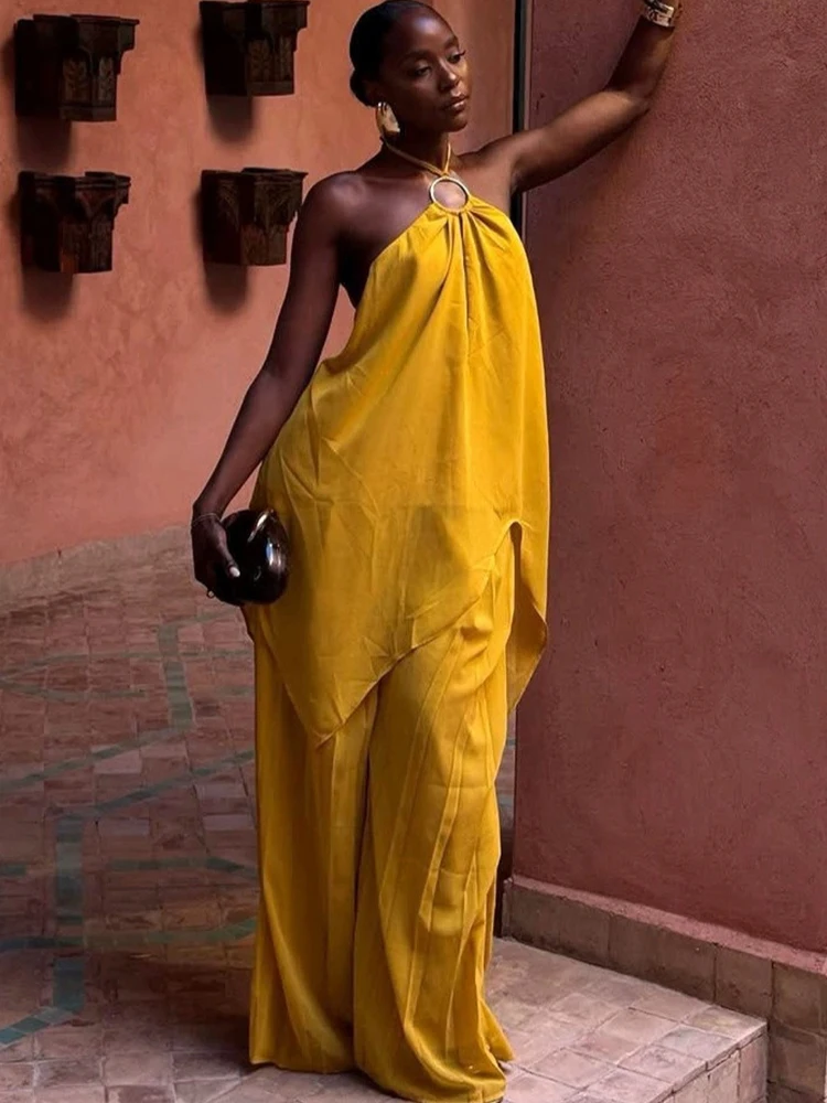 Two Piece Set Women Dopamine Dressing Summer Sleeveless Halter Top and Wide Leg Pants Set Casual Vacation Outfit African Style