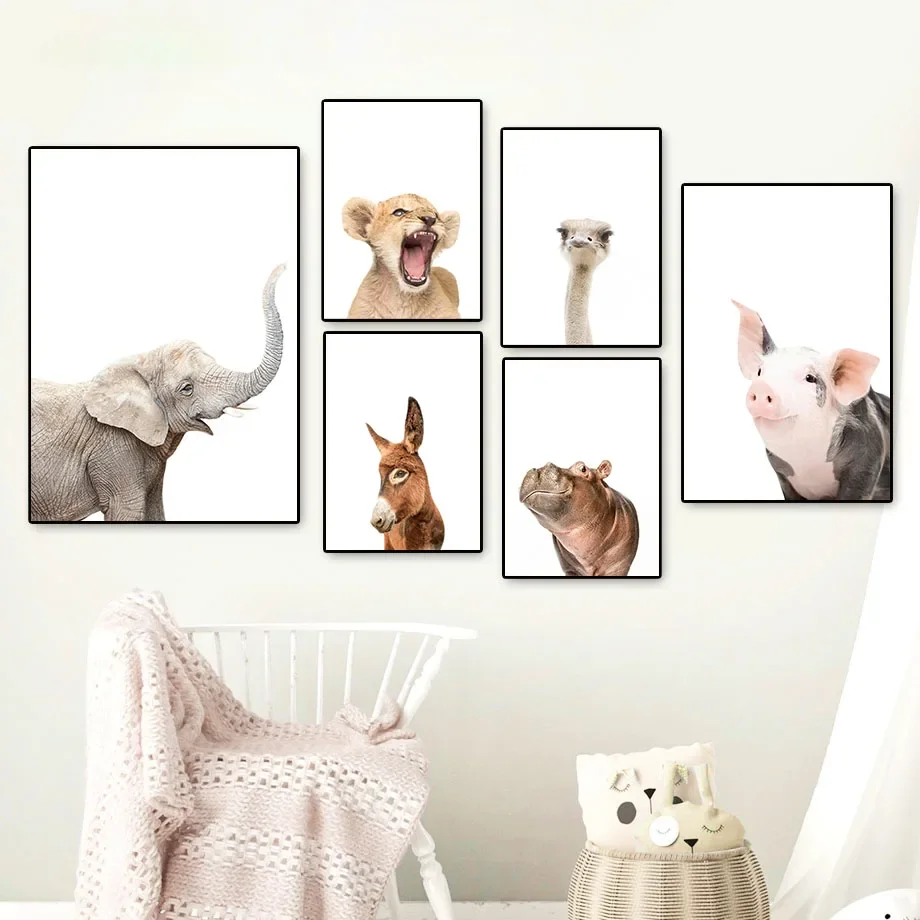 1pc frameless Canvas Painting Wall Art Canvas Painting Nordic Cute Lion Hippo Parrot Elephant Ostrich Pig Posters And Prints Wal