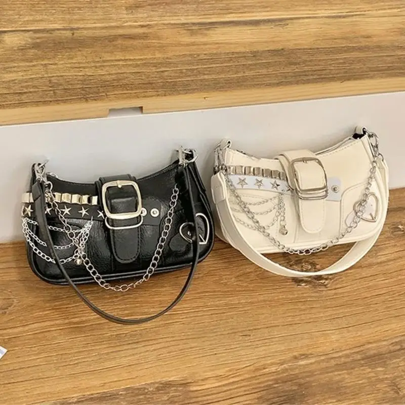 

Women Punk Underarm Handbag with Metal Chain Grunge Star Rivets Single Shoulder Bag Small Armpit Purse for Everyday Wear 547A
