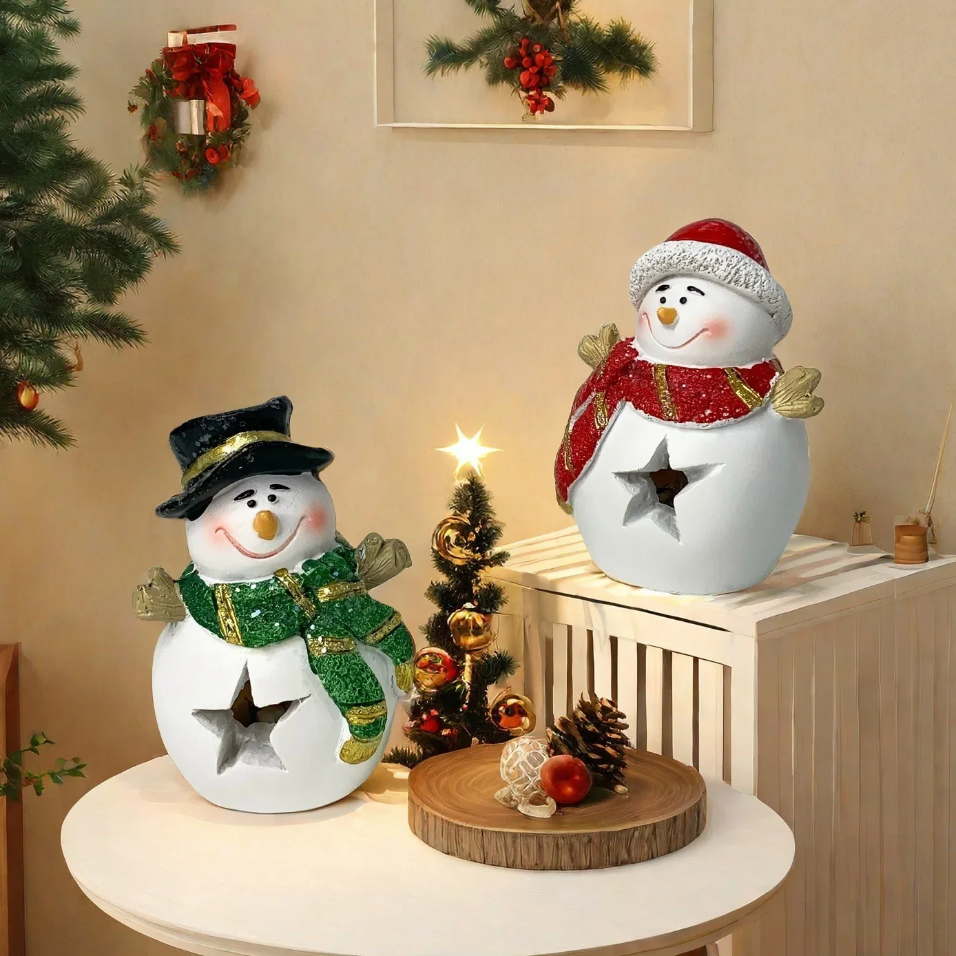 36Pcs/Lots Christmas Night Light Snowman Pair of Ornaments Home Living Room Resin Handicrafts Desktop Decoration Gift