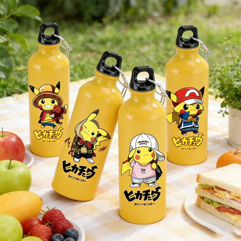 

Милая алюминиевая бутылка для воды с Пикачу для активного отдыха, портативная, с карабином для альпинизма, с узким горлышком, однослойная