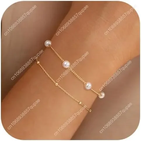

Gold Pearl Bracelets for Women,14K Gold Plated Bracelets Dainty Pearls Beaded Link Chain Charm Bracelets Set Layered Non Tarnish