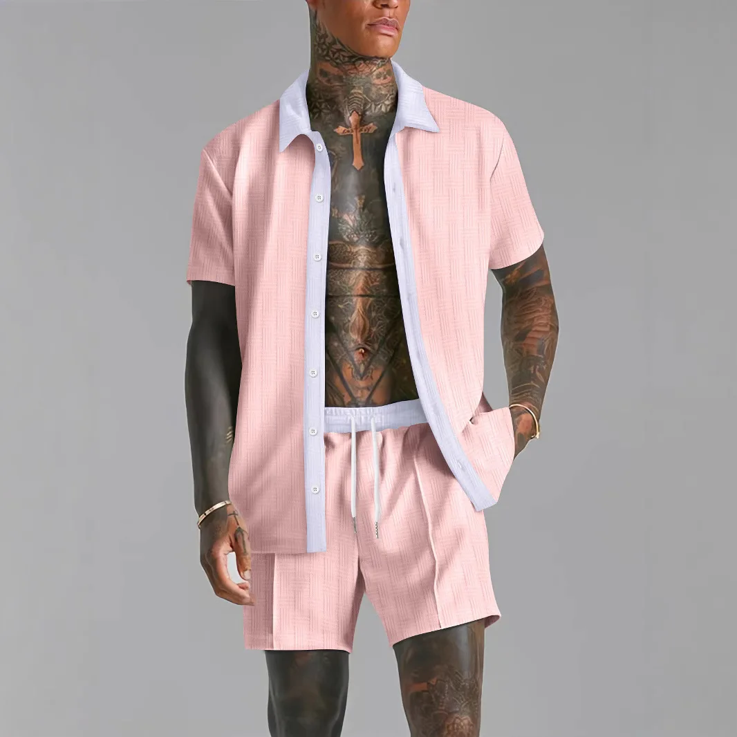 Summer Men's casual suit patchwork transparent lapel short-sleeved shirt & Shorts Stylish and comfortable two-piece streetwear