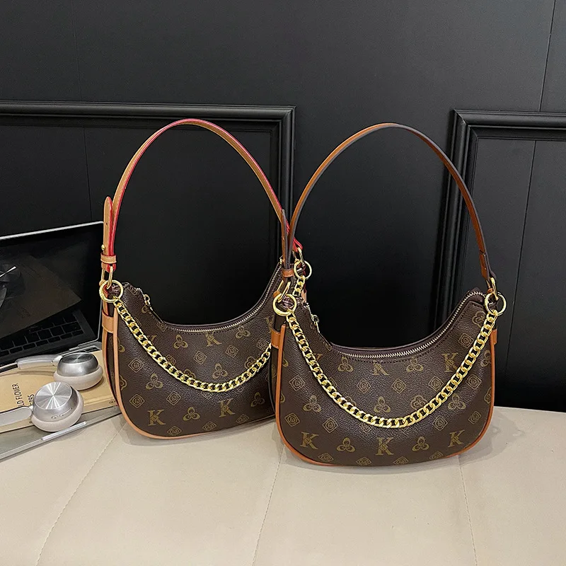 우아한 레트로 숄더백 2025 신상 여성용, 럭셔리 모노그램 프린트 크레센트 백, 모든 경우에 어울리는 패셔너블한 크로스바디