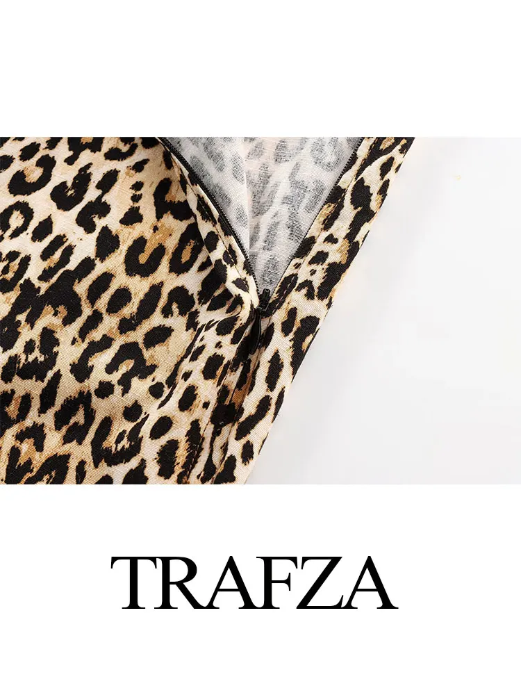 TRAFZA Leopard Print Pant For Women Vintage Casual Straight Pants Side Zipper Fly Trousers 2024 Female Fashion Streetwear Pant