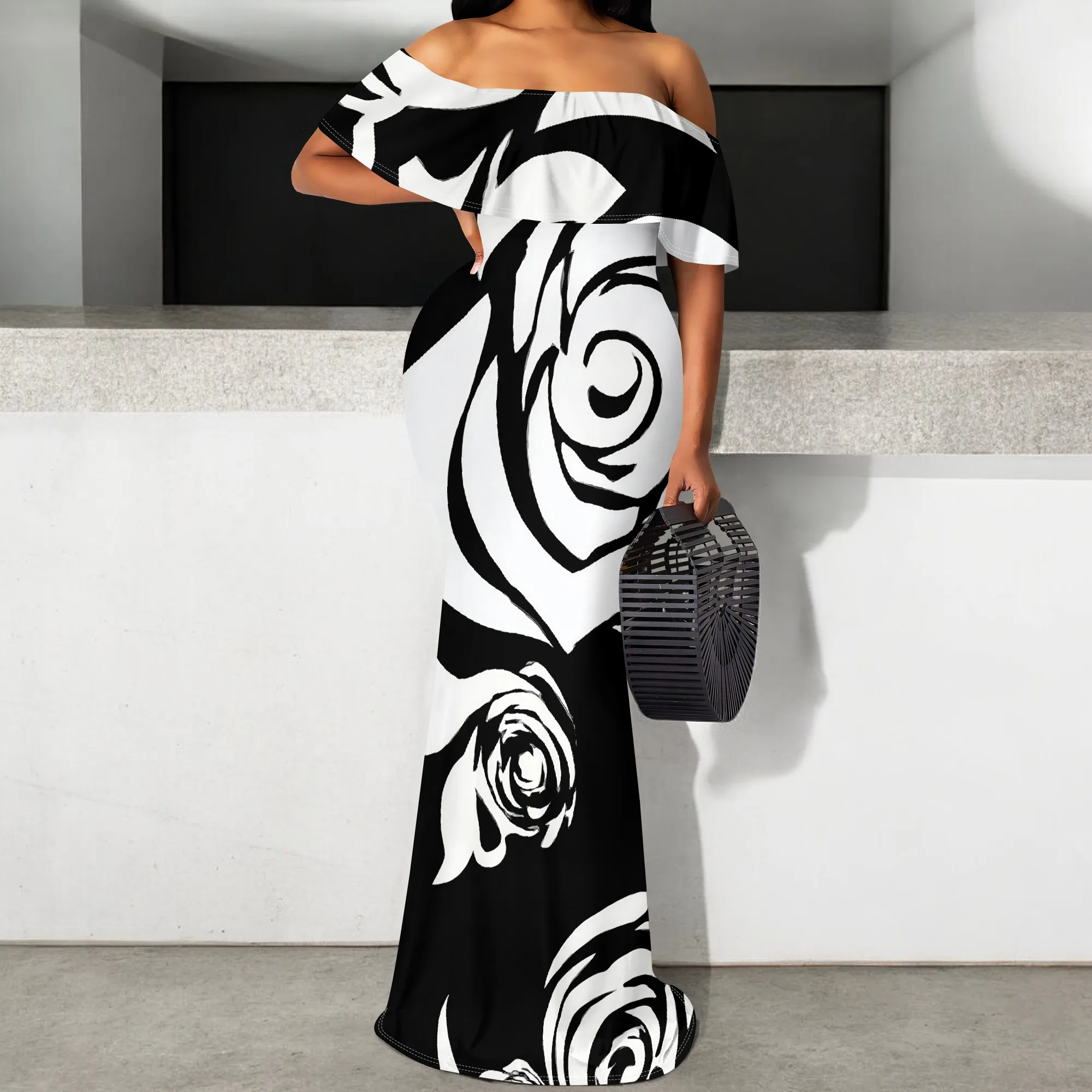 

Black & White Rose Print Off Shoulder Maxi Dress S-3XL Ruffle Sleeve Mermaid Style for Church, Formal Dinner or Art Event Look