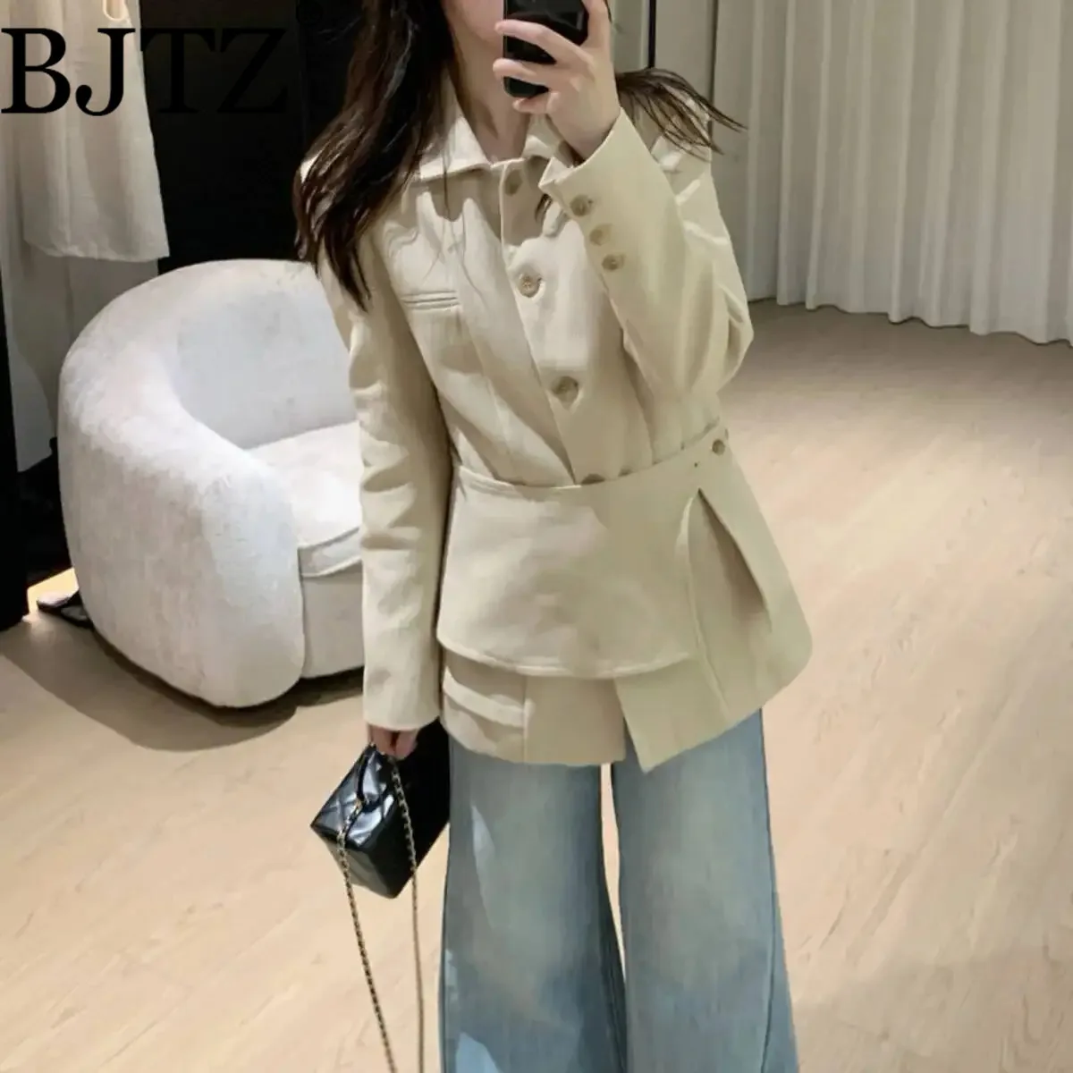 

BJTZ Fashion Designer High-end Blazer Jacket For Woman 2025 Spring Autumn New Trend Waist Apron Decoration Solid Color Coat Top