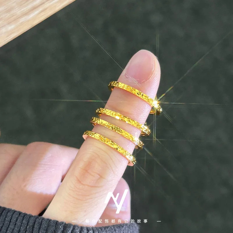 Narrow face small sand gold broken ice ice flash ring index finger ring birthday 9999gold