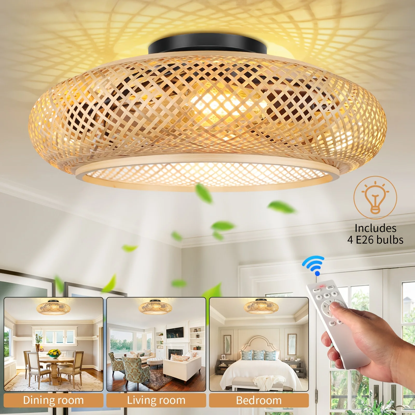 

Bamboo Woven Fan Ceiling Lamp with Six Wind Speeds, Equipped with Remote Control and E26 * 4 Light Source，Living Room Bedroom