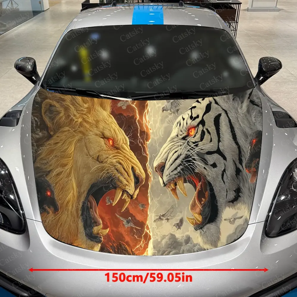 Ice-Fire Thunder Lion and Tiger Car Vinyl Wrap, PVC Material Waterproof Car Hood Sticker, Self-Adhesive Scratch-Resistant Sticke