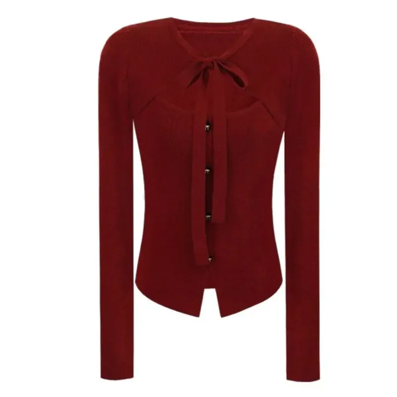 

Топ из двух частей с бантом и потрясающим дизайном, ажурный приталенный свитер с длинными рукавами