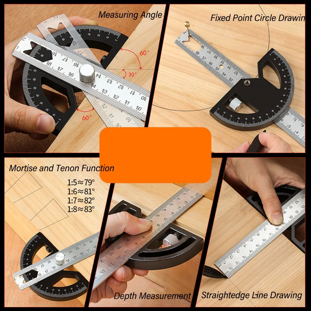 12-Inch Angle Protractor Stainless Steel 0-180 Degrees Carpentry Angle Ruler Silver Adjustable Protractor Square Construction