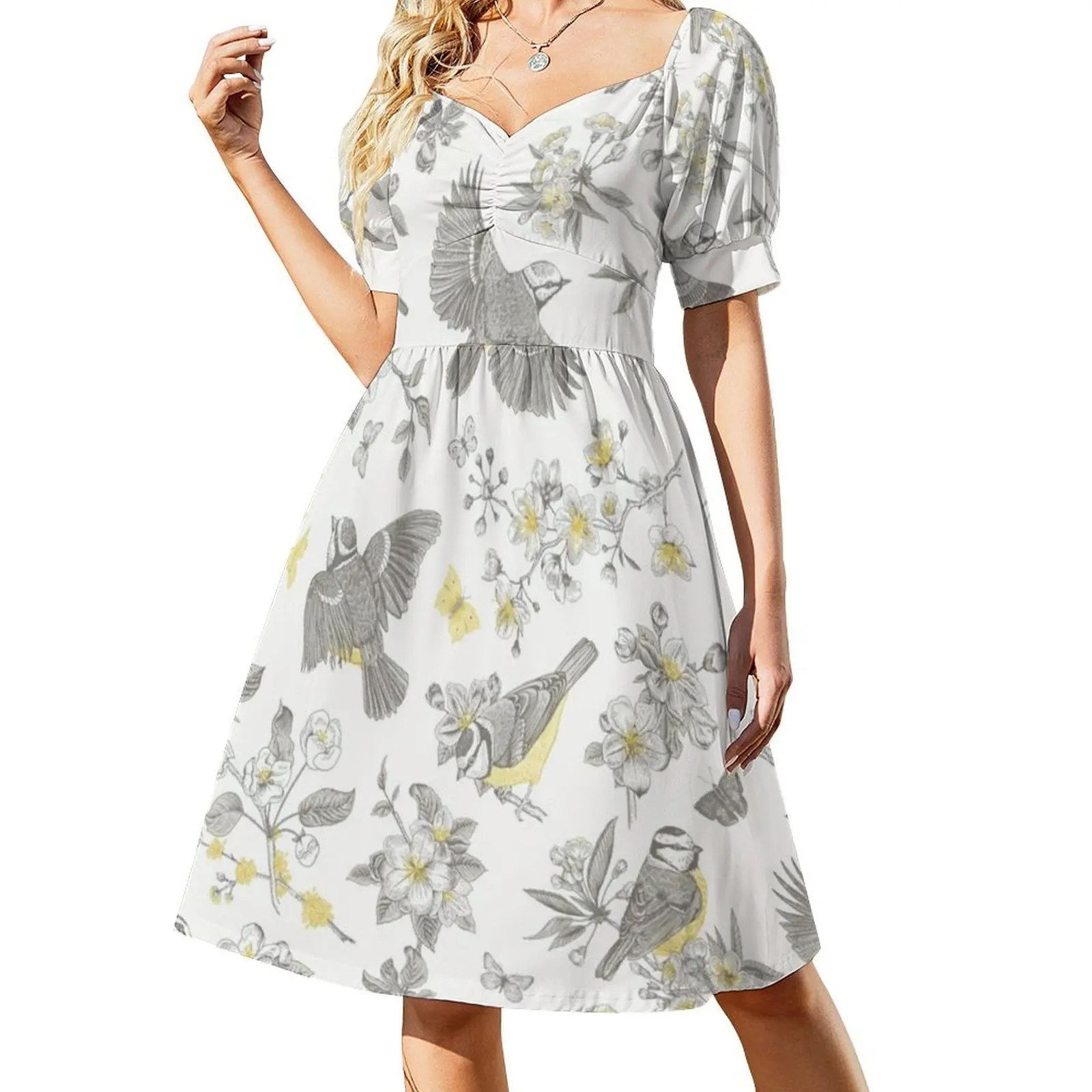 فستان حفلات أنيق للنساء من طيور تويلي باللون الأصفر والرمادي الفرنسي مع خيارات قصيرة/طويلة/بدون أكمام