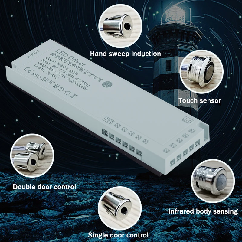 AC 176V-265V do DC 12v 24V 100W szafka LED zasilacz światła czujnik ruchu szafy z napędem stałe napięcie