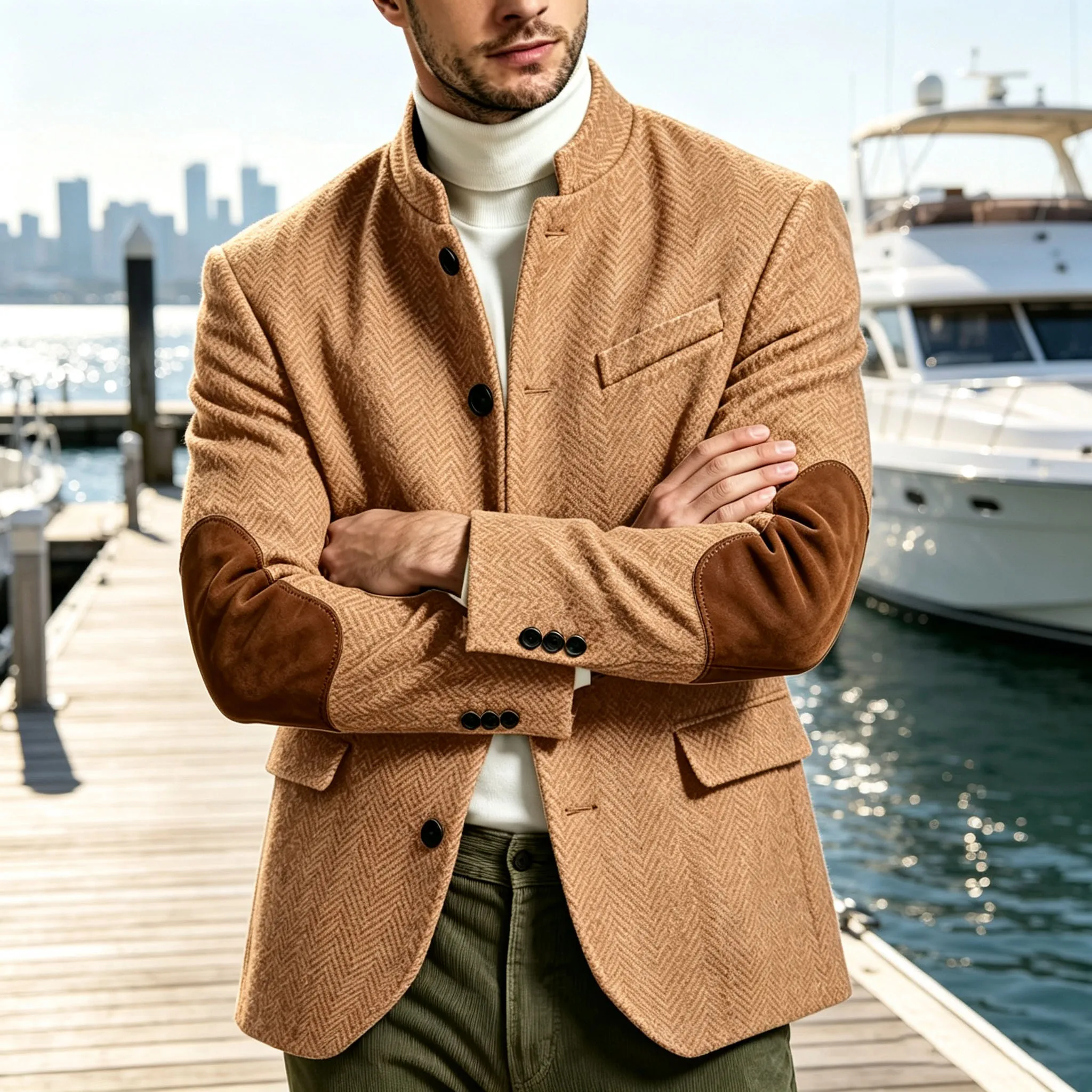 Vintage Men's Herringbone Blazer Stand Collar Suede Elbow Patch Suit Jacket Slim Fit Wool Blend Sport Coat Business Casual Party