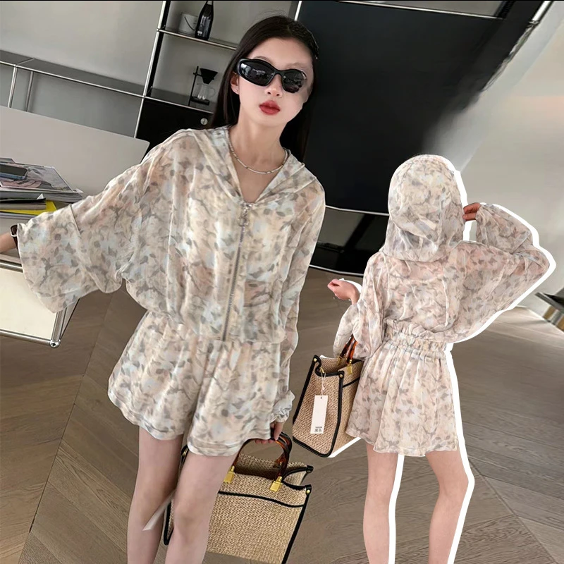 Girls Suits Sun-protective Clothing Set Fashionable Summer Dress Korean Version 2024 New Sunscreen Hooded Shorts Chiffon