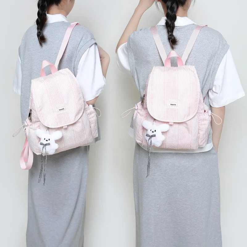 

Korean Canvas Shoulder Bag Commuter Large Capacity Backpack Niche Plaid College Style Casual Small Backpack