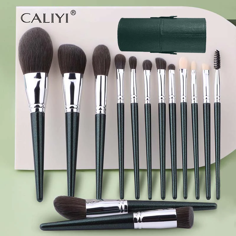 CALIYI 14PCS Goat Hair Makeup Brushes Set Kit For Women Professional Brush Make Up Cosmetic Powder Concealer Eye Shadow Lip Tool