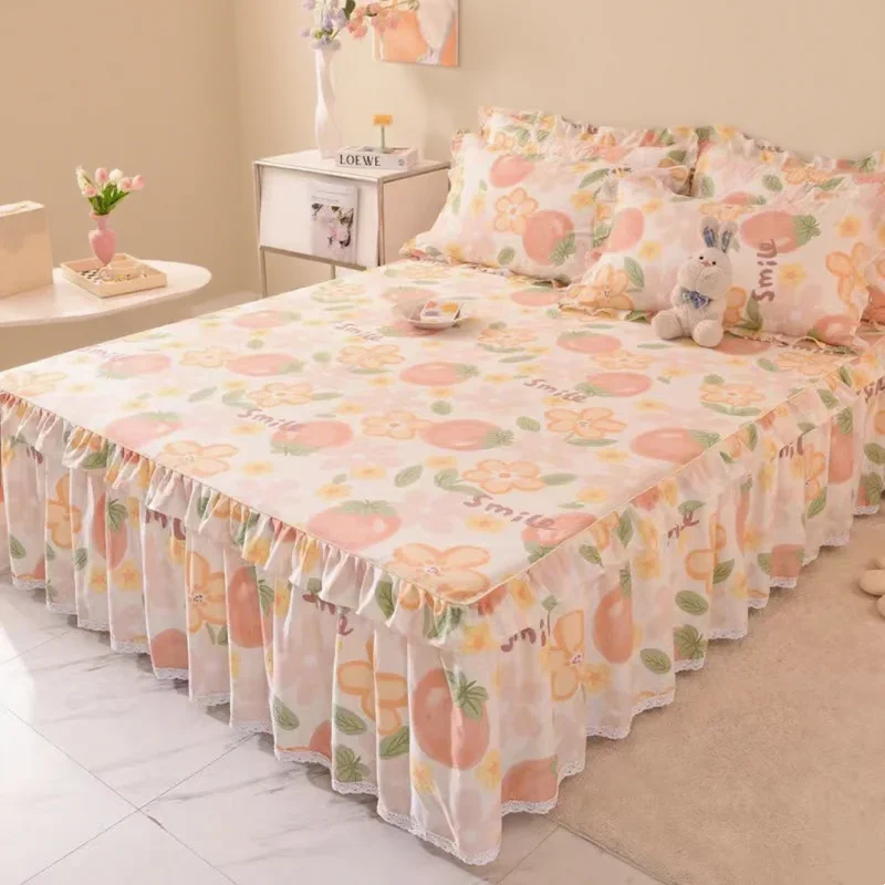3pcs Sheet Set High Grade 100% Cotton Printed Bedspread King Queen Size Cute Pure Cotton Thick Bed Skirt with 2pcs Pillowcase