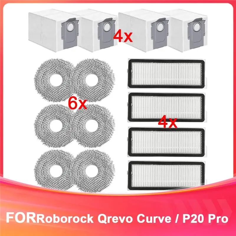 AEE2-14 Pack Replacement Parts Kit For Roborock Qrevo Curve / P20 Pro Robot Vacuum Cleaner, HEPA Filters, Mop Pads,Dust Bags
