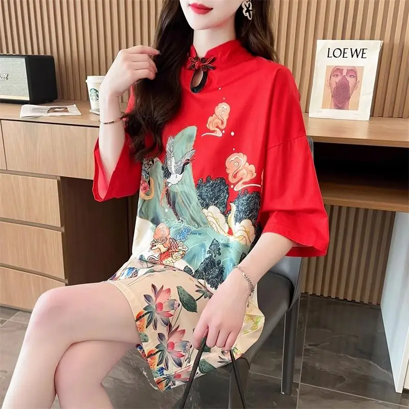 Temperament Printing Summer New Women's Stand Collar Hollow Out Frog Fashion Versatile Loose Short Sleeve Mid Length Dress