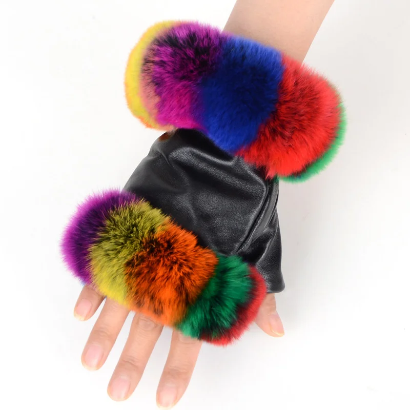 Fingerless Gloves Women Natural Rabbit Fur Glove Winter Fashion Warm Genuine Leather Fingerless Gloves Women Rabbit Fur Mittens