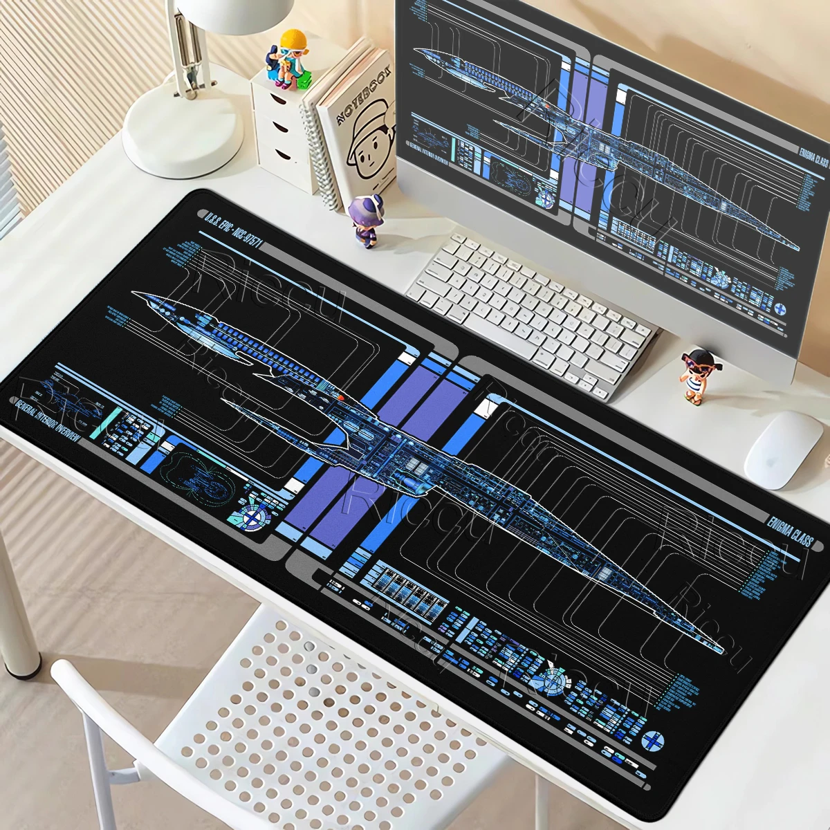 Starship Blueprint Pad Mouse Pads Gaming Room Decoration Protect Desk Mats Stitched Edge Washable Table Carpet Non-slip Base XXL