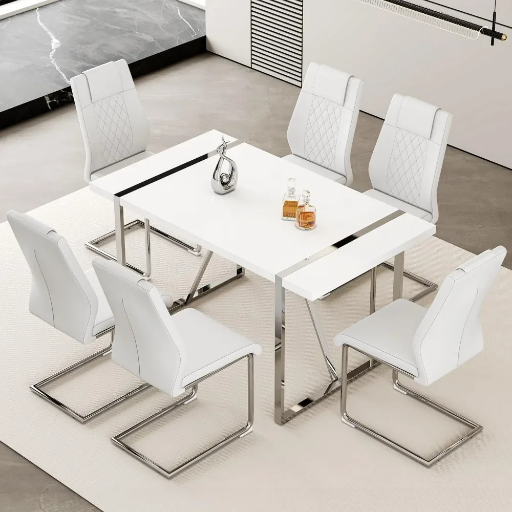 Ensemble de table à manger moderne pour 6 personnes, 55 pouces, avec 6 chaises blanches Ensembles de table de cuisine et de salle à manger, chaises blanches