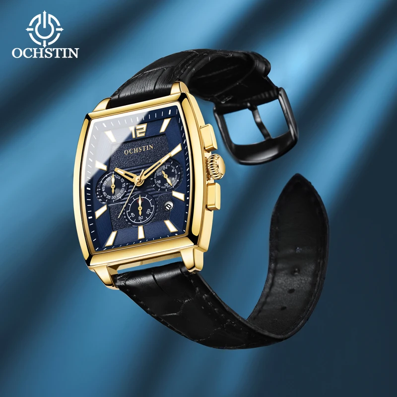 OCHSTIN Classic Barrel Golden Case Blue Dial Multifunctional Quartz Mens Watch Leather Strap Waterproof Business Male Wristwatch