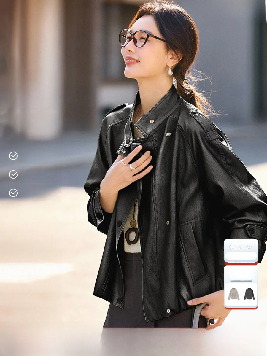 

XWI American Retro PU Leather Jaet Women's ort Pure Color Stand Collar Small Size Spring Faion Ladies' Coat