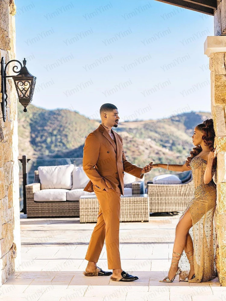 Costumes pour hommes marron 2 pièces revers cranté Double boutonnage robes de soirée costume pour hommes mariage marié bal Blazer personnalisé