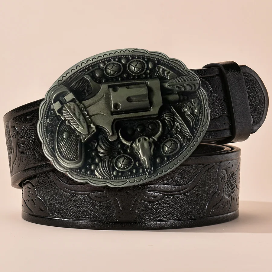 1pc men's Western style belt, gun, carved floral patterns and long horn decorations, retro style, great Valentine's Day gift to