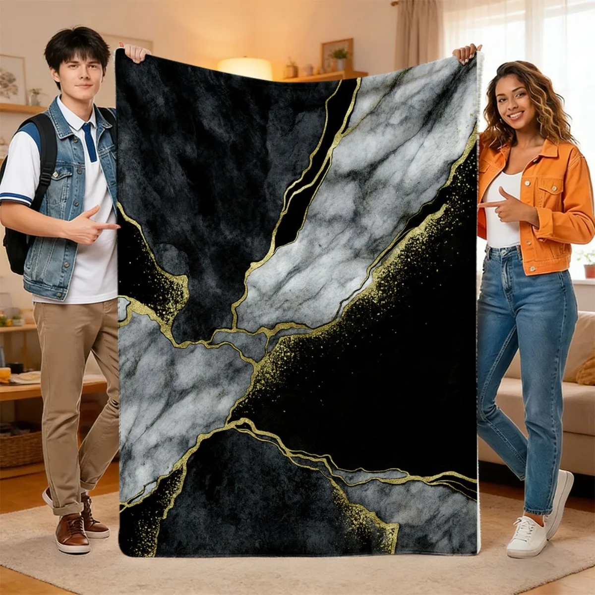 Jade Green Gold Kink Vein Marble Graphic Throw Blanket Luxury Mineral Texture Print Neutral Indoor Bed Couch Cover