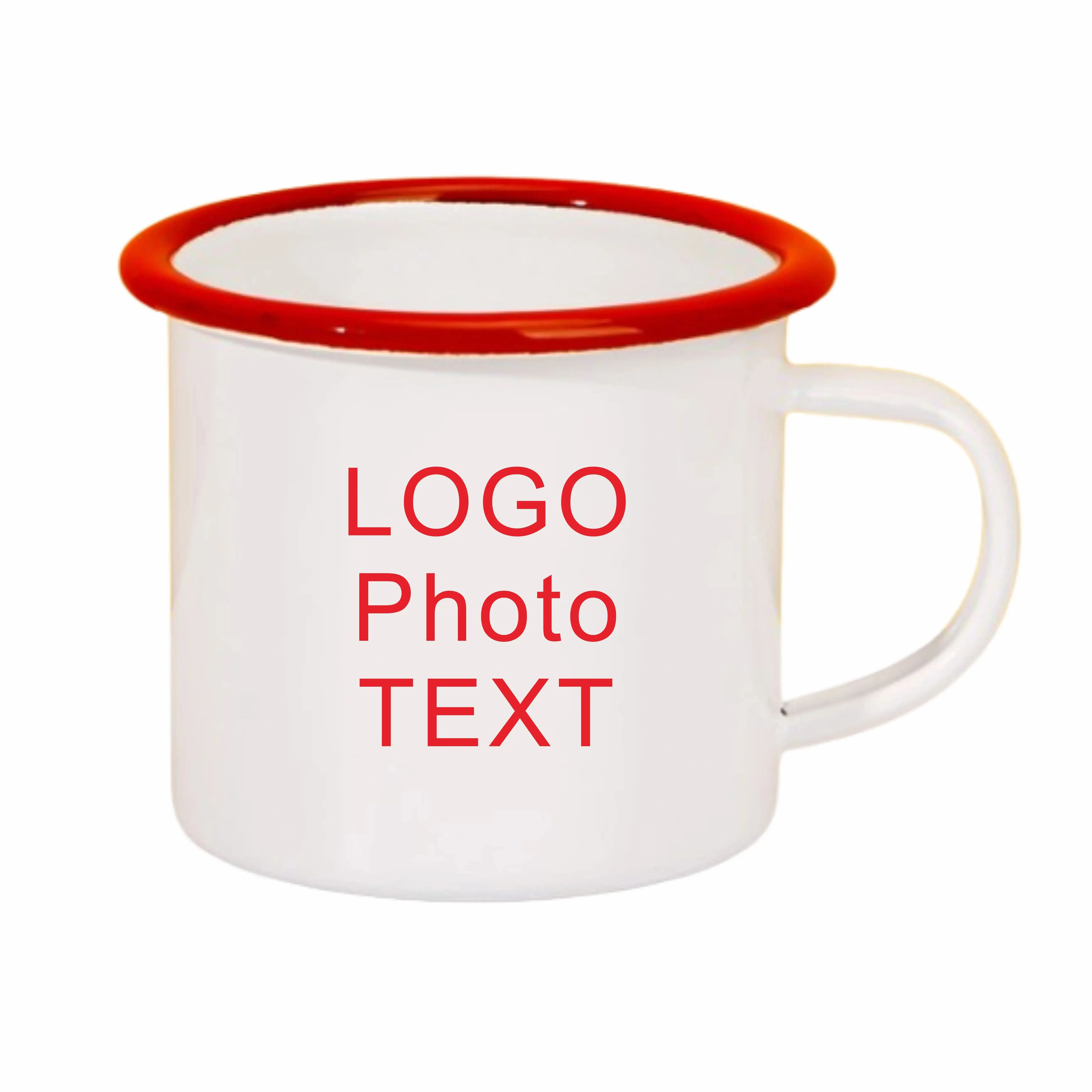 Taza de café esmaltada de 350ML, taza de acero con foto y texto, logotipo personalizado, regalo personalizado, Color azul, negro y plateado