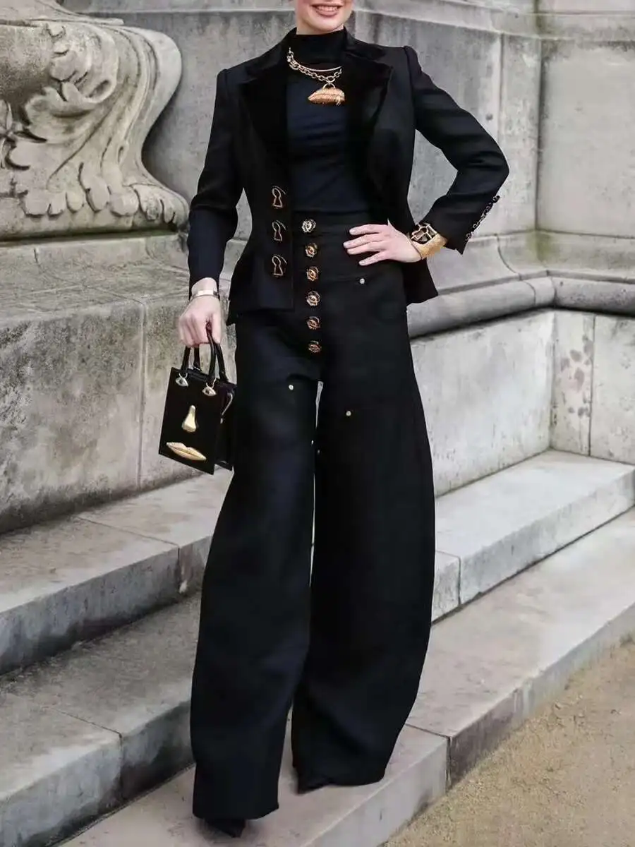 CiCi تقسم زر قطعتين مجموعات للنساء التلبيب كم طويل أعلى عالية الخصر المرقعة جيوب مجموعة بناطيل رجالي أزياء الإناث #2