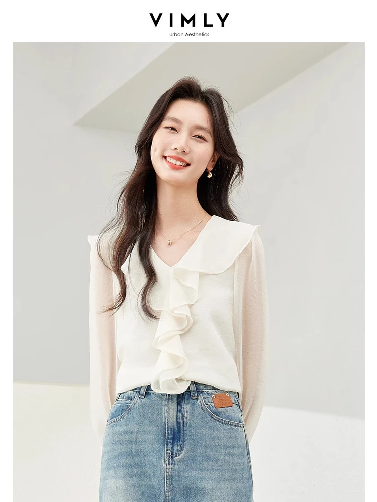 

Vimly French Style Ruffled V-neck Chiffon Shirt 2024 Spring Simple Long Sleeve Women's Blouses Apricot Elegant Pullovers 16579