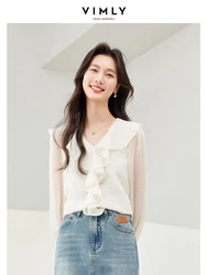 Vimly French Style Ruffled V-neck Chiffon Shirt 2024 Spring Simple Long Sleeve Women's Blouses Apricot Elegant Pullovers 16579